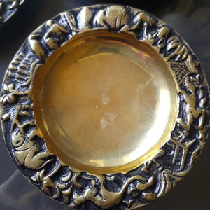 Vintage Small Heavy Brass Trays Elephants Kangaroos Palm Trees Egyptian Set Of 3